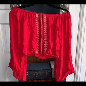 Off the shoulder red long sleeve crop top